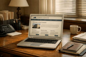 Bueroarbeitsplatz mit Vintage Laptop und Akten