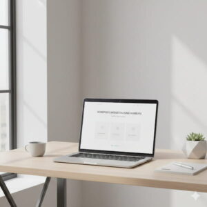 Laptop auf Schreibtisch in cleanem Büro. Auf dem Bildschirm sieht man eine dezeten Webseite für das Thema Webdesign.