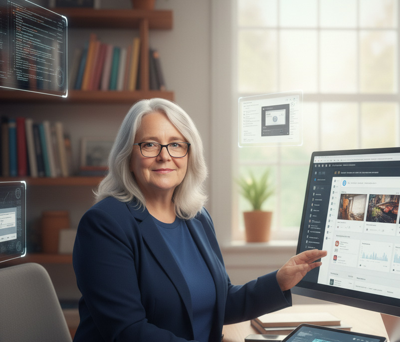 Sandra zeigt ihren Kunden am Bildschirm etwas