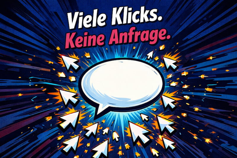 Viele klicks keine anfrage Comic-Illustration mit leerer Sprechblase und vielen Klick-Symbolen – Symbol für hohe Besucherzahlen ohne Anfragen auf Websites