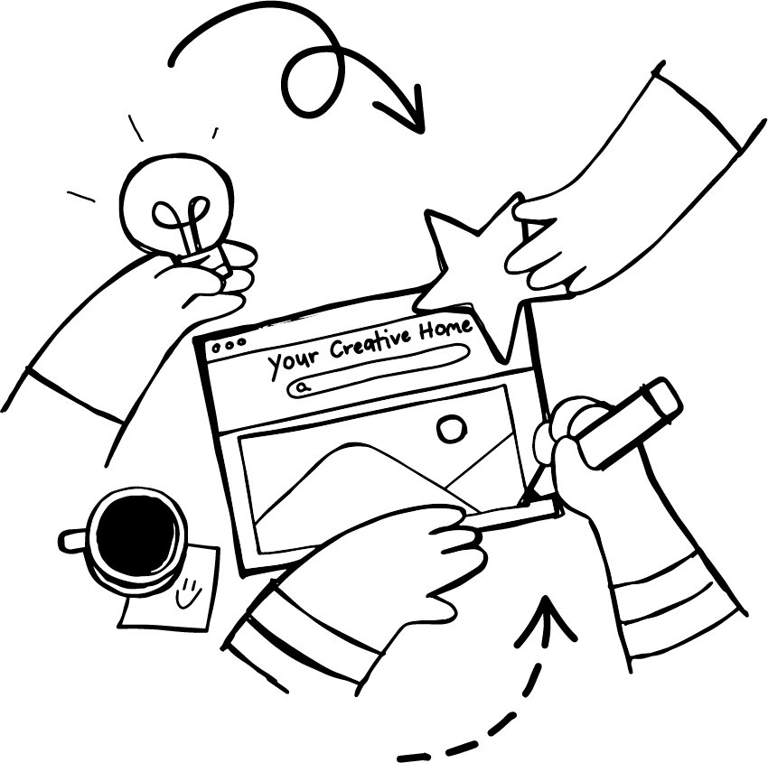 Website relaunch neu gedacht Vereinfachte Zeichnung schwarz/weiß Blick von oben - mehrere Hände arbeiten an einem Projekt