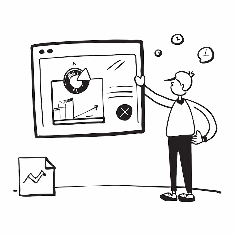 Website relaunch struktur vorgehen 1 Einfache schwarz/weiß Zeichnung - Frau zeigt auf einen Strukturplan