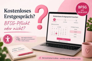 Grafik mit Laptop, Terminbuchung und Text zur BFSG-Pflicht für kostenloses Erstgespräch
