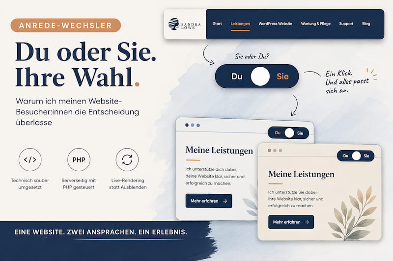 Infografik zum Anrede-Wechsler mit Du/Sie-Umschalter und Website-Beispielen für unterschiedliche Ansprachen
