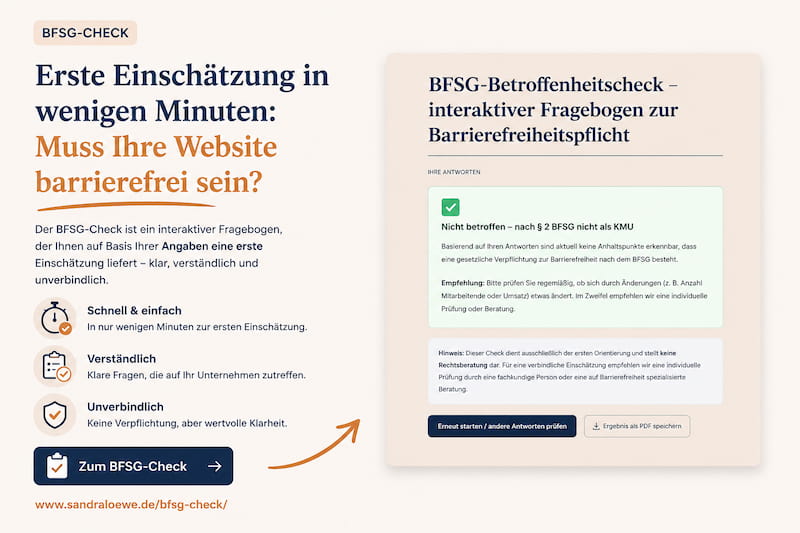 Banner muss ihre website barrierefrei sein Werbegrafik für einen BFSG-Check mit interaktivem Fragebogen, Ersteinschätzung und Schaltfläche „Zum BFSG-Check“
