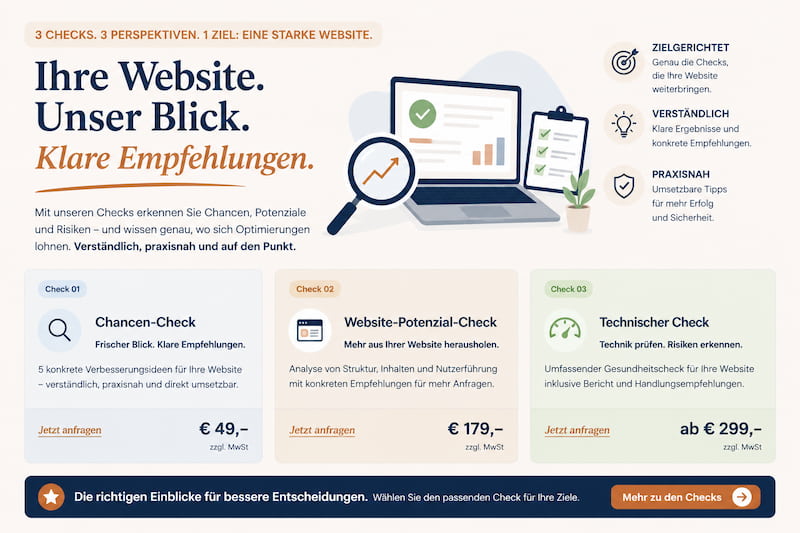 Banner websitechecks Werbegrafik mit drei Website-Checks, Preisübersicht und Schaltfläche „Mehr zu den Checks“
