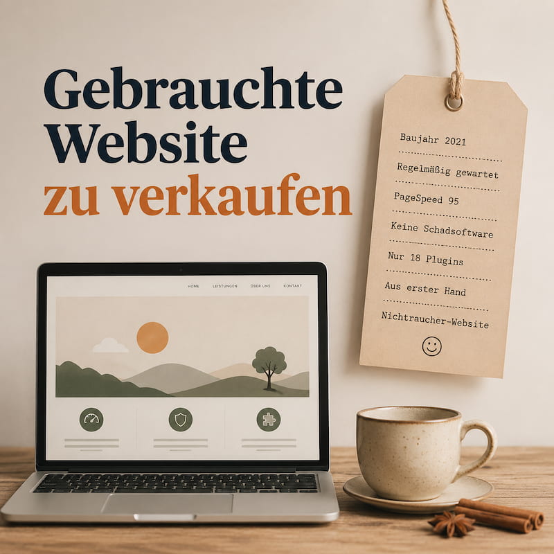 Laptop mit Website-Vorschau unter der Überschrift „Gebrauchte Website zu verkaufen“ und Etikett mit Website-Eigenschaften.