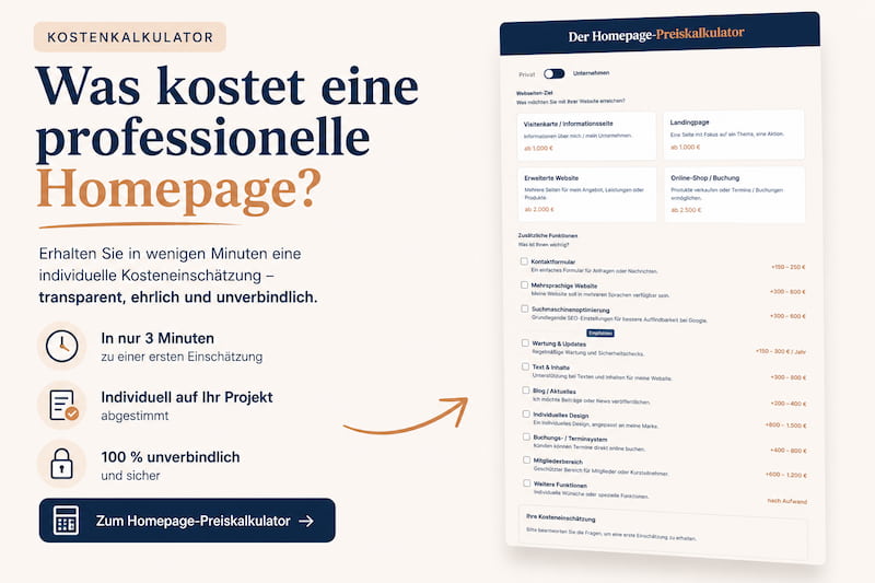 Homepage kosten kalkulator pic Werbegrafik für einen Homepage-Preiskalkulator mit Kostenübersicht und Schaltfläche „Zum Homepage-Preiskalkulator“