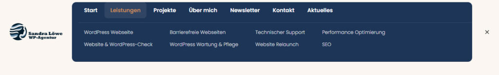 Navigationsmenü mit Leistungen und Unterpunkten sowie Logo und Hauptnavigation einer WordPress-Agentur