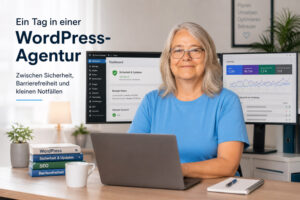 Person sitzt vor Laptop an Schreibtisch, daneben Monitore mit WordPress-Dashboard und SEO-Auswertung sowie Überschrift zur WordPress-Agentur