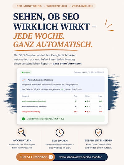 Seo monitor hochkant Werbegrafik für einen SEO-Monitor mit Wochenreport, Keyword-Übersicht und Schaltfläche „Zum SEO Monitor“