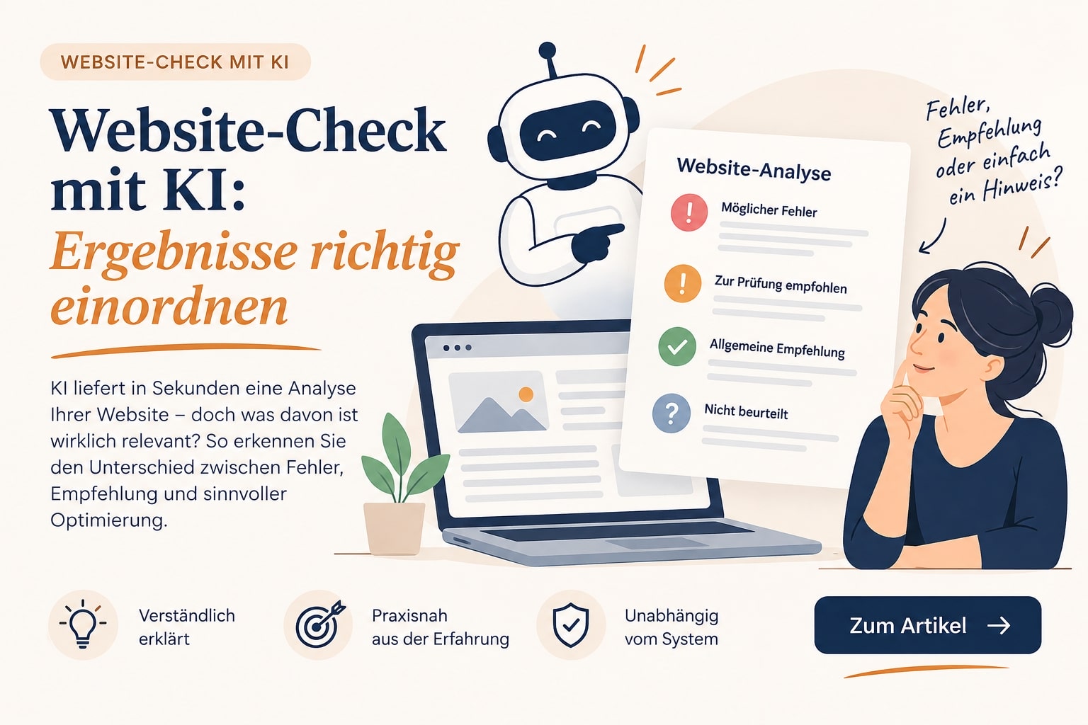 Website-Check mit KI: Ergebnisse richtig einordnen, mit Analyse-Kategorien Fehler, Empfehlung und nicht beurteilt.