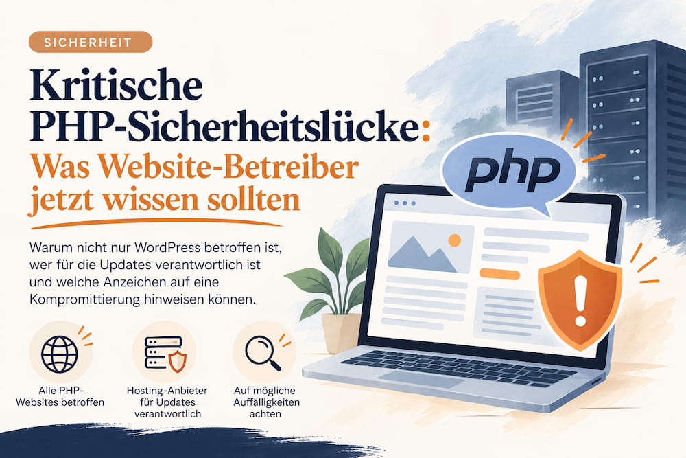 Kritische PHP Sicherheitslücke entschluesselt Infografik zu einer kritischen PHP-Sicherheitslücke mit Laptop, Servern, Warnsymbol und Hinweisen für Website-Betreiber.