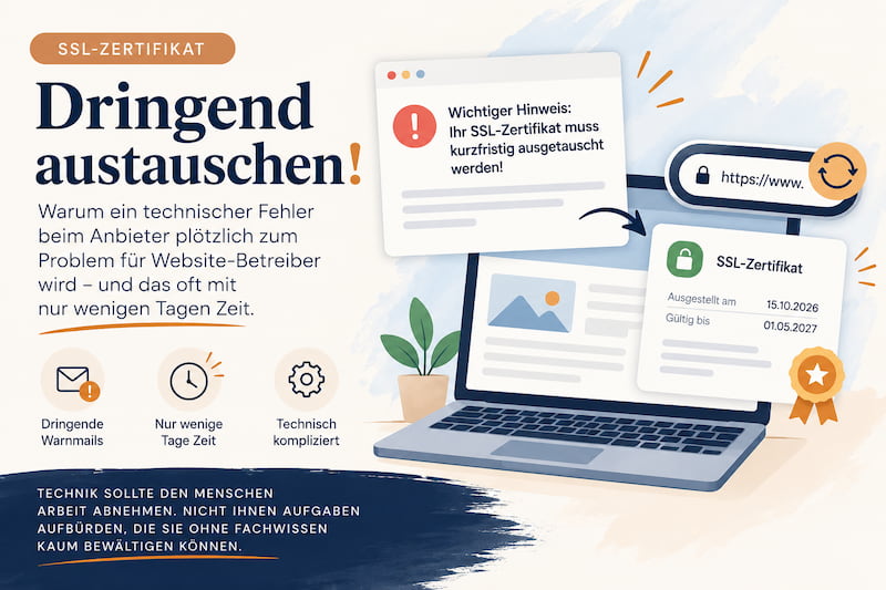 Infografik zur dringenden Erneuerung eines SSL-Zertifikats mit Laptop, Warnmeldung, Zertifikatsdetails und Hinweisen auf Zeitdruck.